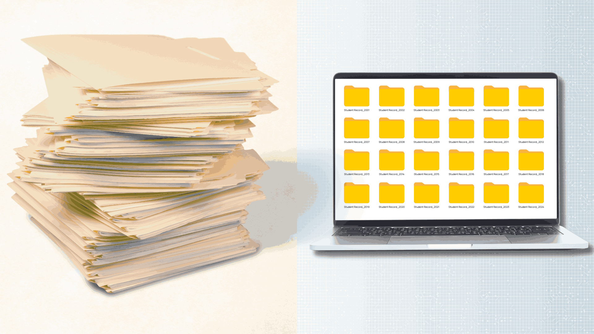 Piles of paper versus a sleek computer screen