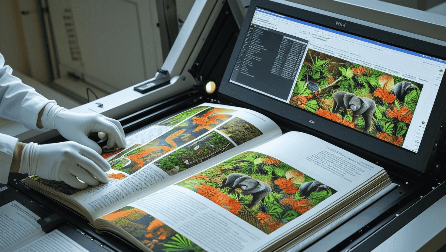 White-glove technician scanning Patagonia field maps and magazines