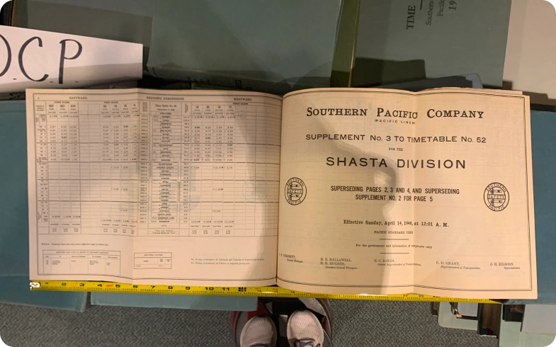 1946 supplement to Southern Pacific Shasta Division Timetable 52 digitized for California State Library