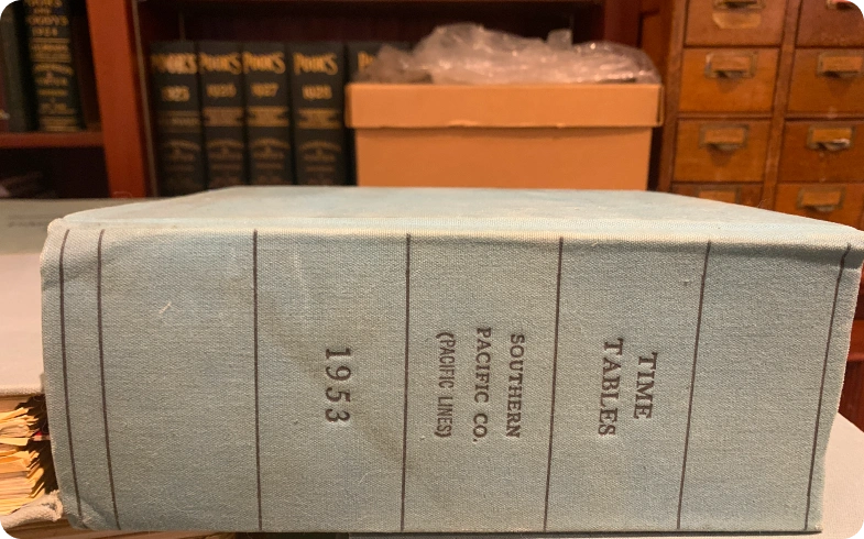 1953 Southern Pacific Company timetable volume digitized by eRecordsUSA for California State Library archives