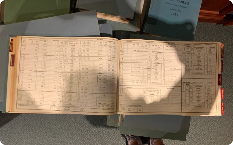 1953 Southern Pacific train schedule pages from Pacific Lines archive digitized by eRecordsUSA for California State Library